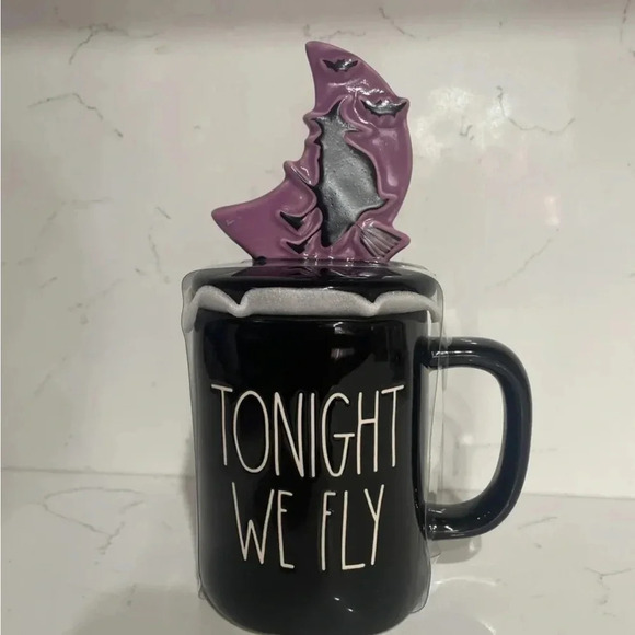 Rae Dunn “TONIGHT WE FLY" Mug Cup with Witch Topper Halloween Black & Purple NEW - Picture 1 of 1